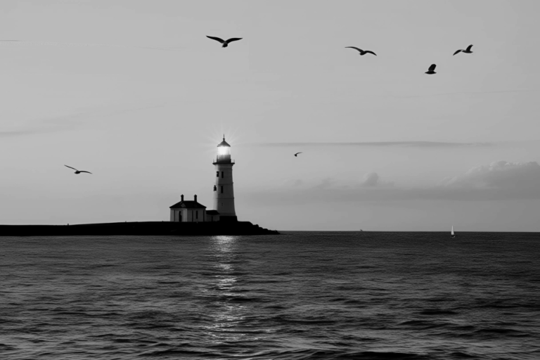 Image noir et blanc d'un phare dans la nuit par mer calme, pour représenter la plateforme de marque ou d'entreprise.